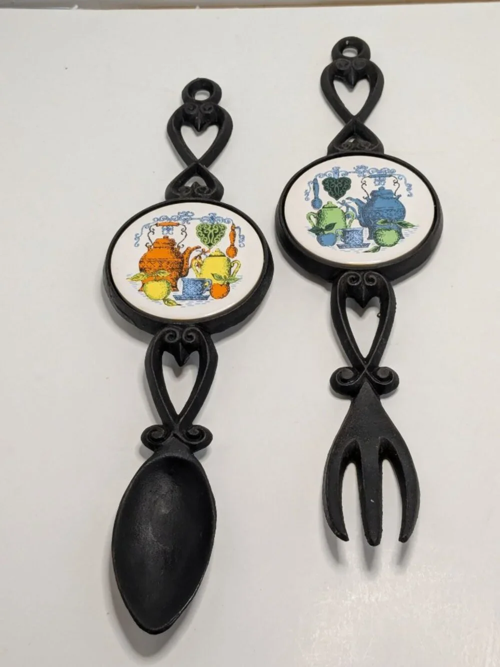 Vintage Cast Iron Fork & Spoon With Round Ceramic Tile Wall Decor Set  MCM